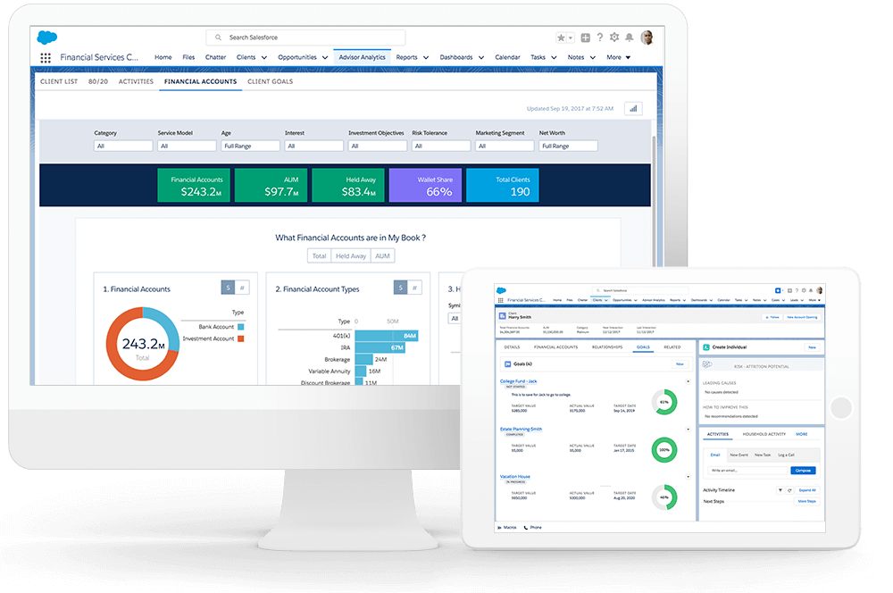 iMac und iPad mit Screenshots der Salesforce Financial Services Cloud